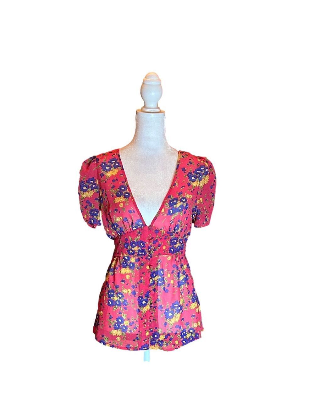 FOREVER 21 Adorable Pink Floral Print Button Up Sheer Blouse w/ Tie Back Size S - Picture 3 of 8